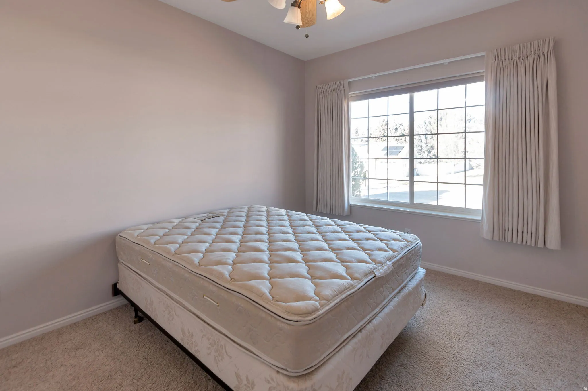 Bedroom with ceiling fan and light colored carpet