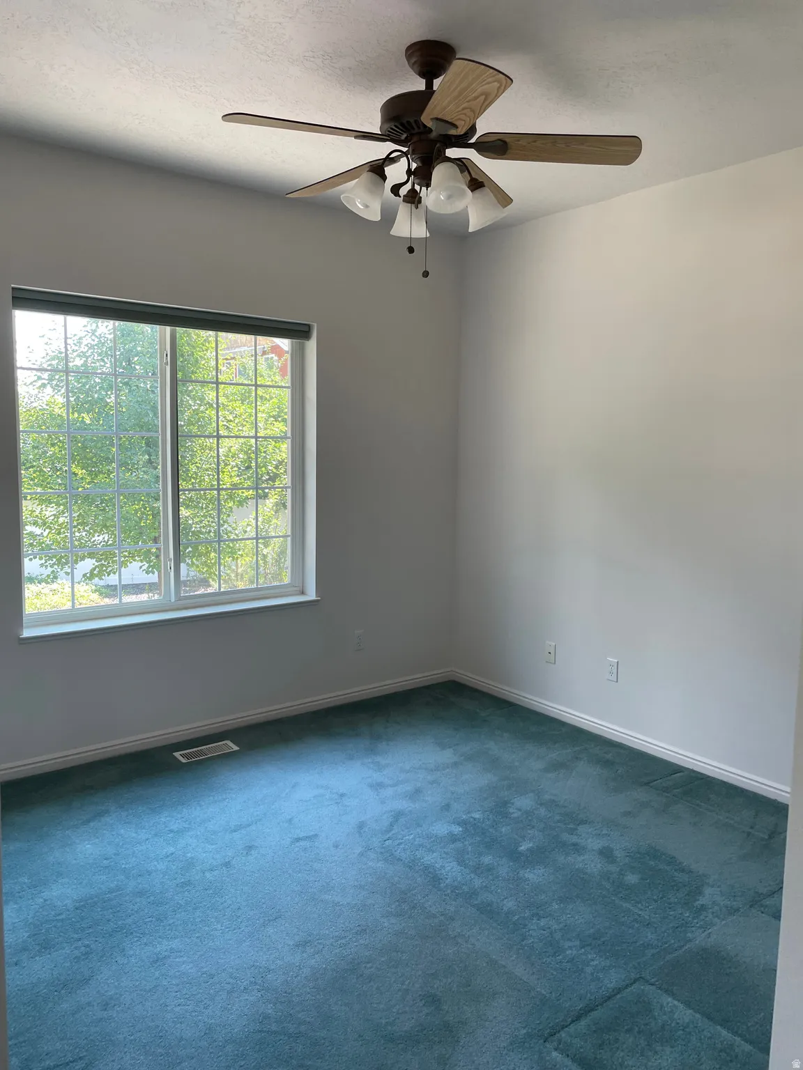 Bright room featuring teal carpeting and white baseboards