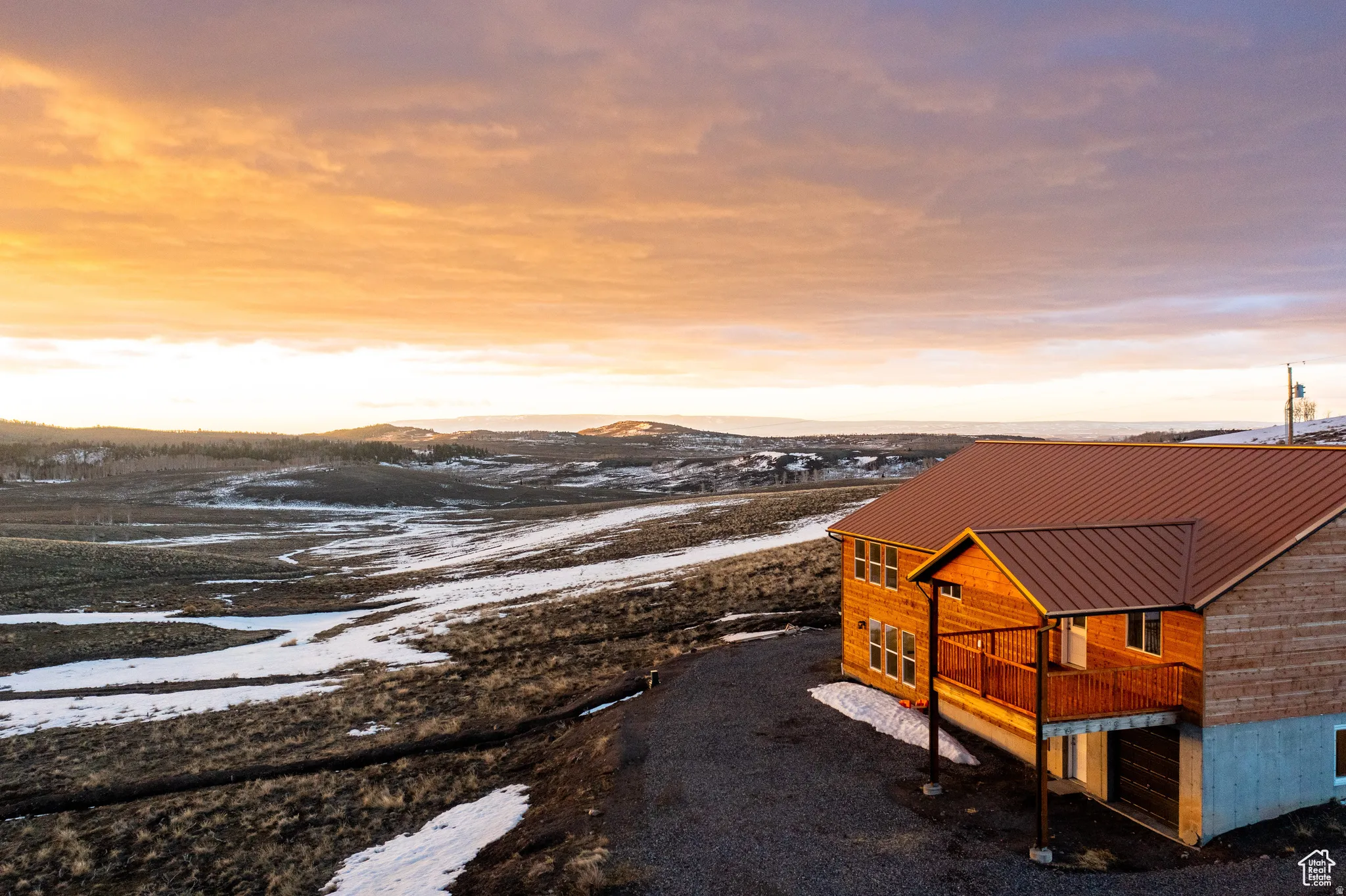 Aerial view at dusk of a mountain view