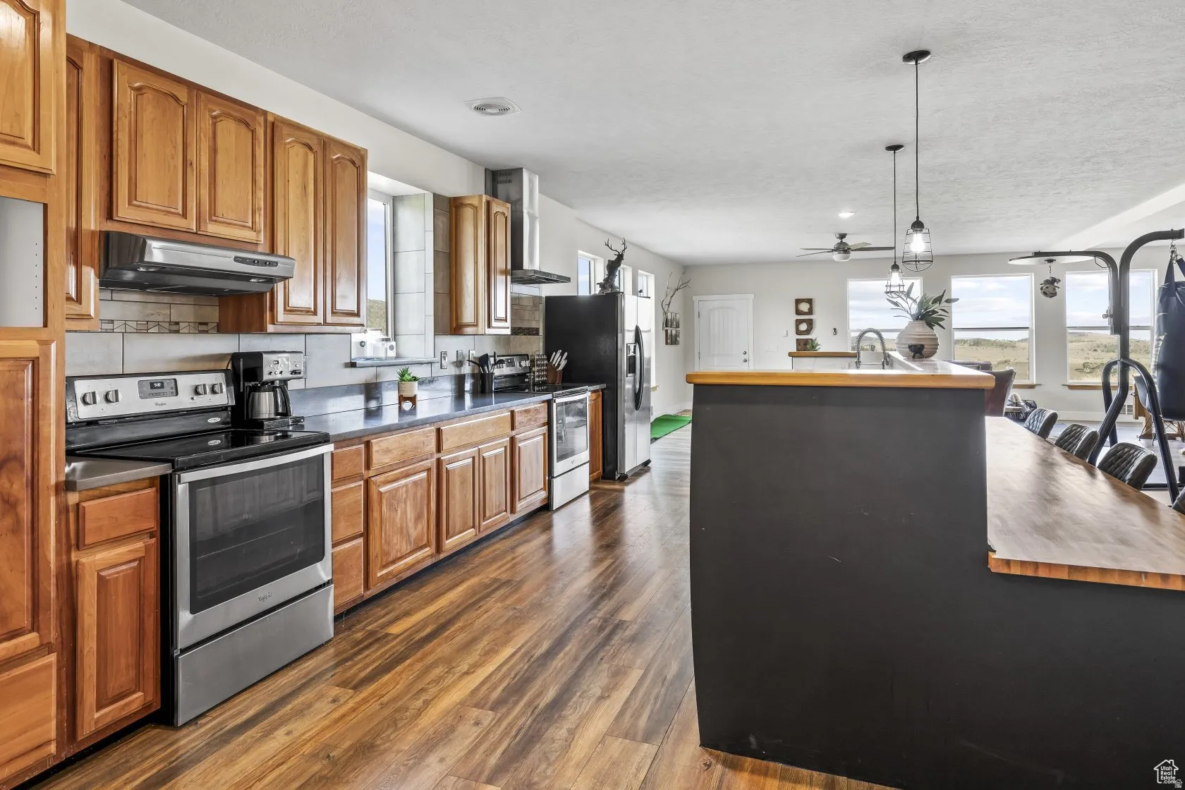 Kitchen with electric range, wood finish cabinetry, dark wood-type flooring, and decorative light fixtures