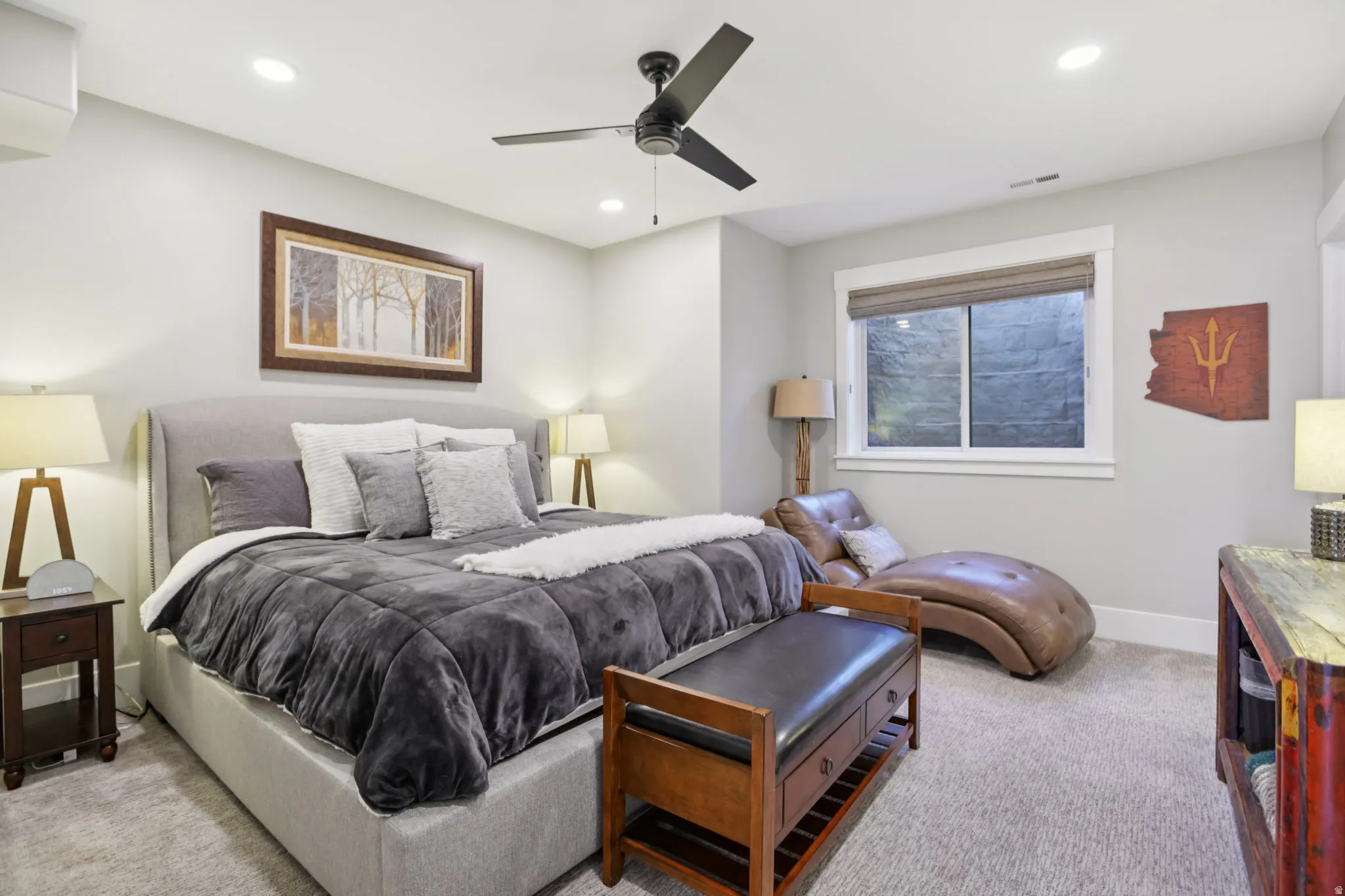 Bedroom with carpet, a ceiling fan, and recessed lighting
