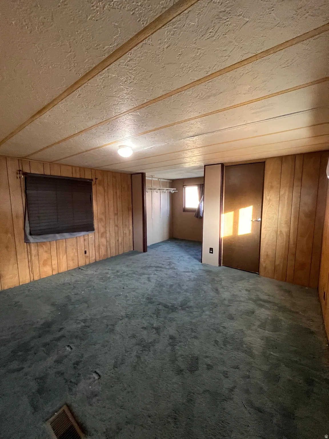 Basement featuring wood walls and dark carpet