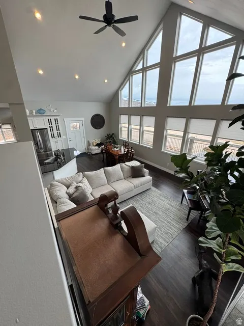 Living room featuring dark wood-style floors, a high ceiling, ceiling fan, and recessed lighting
