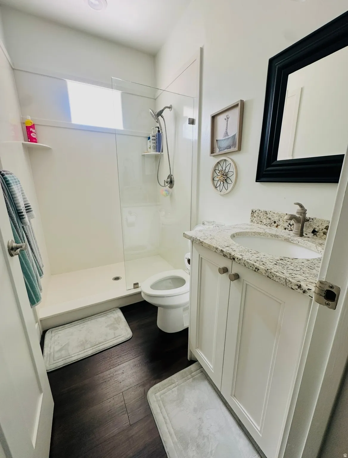 Bathroom with vanity, walk in shower, and dark wood finished floors