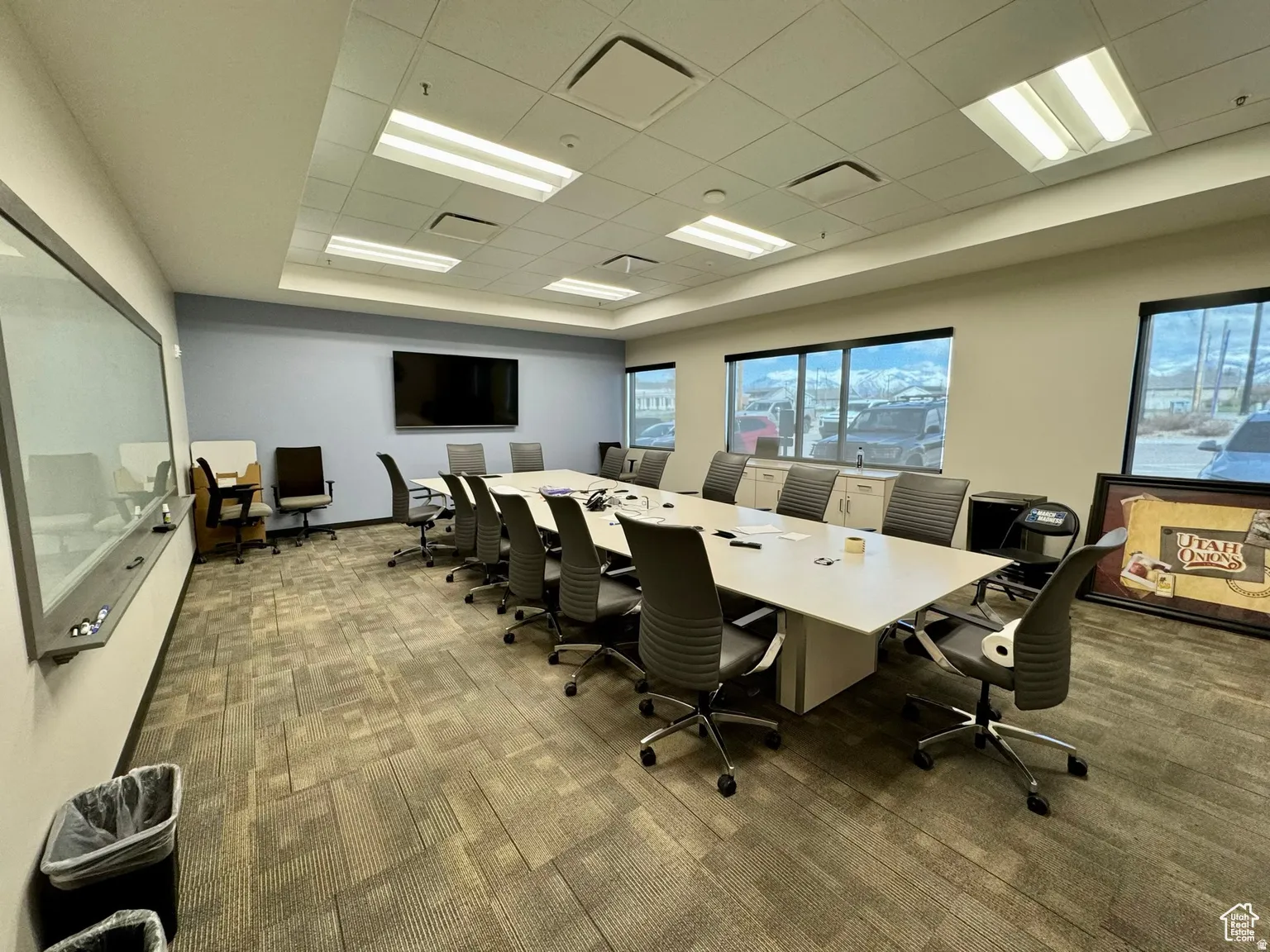 Office area with a drop ceiling