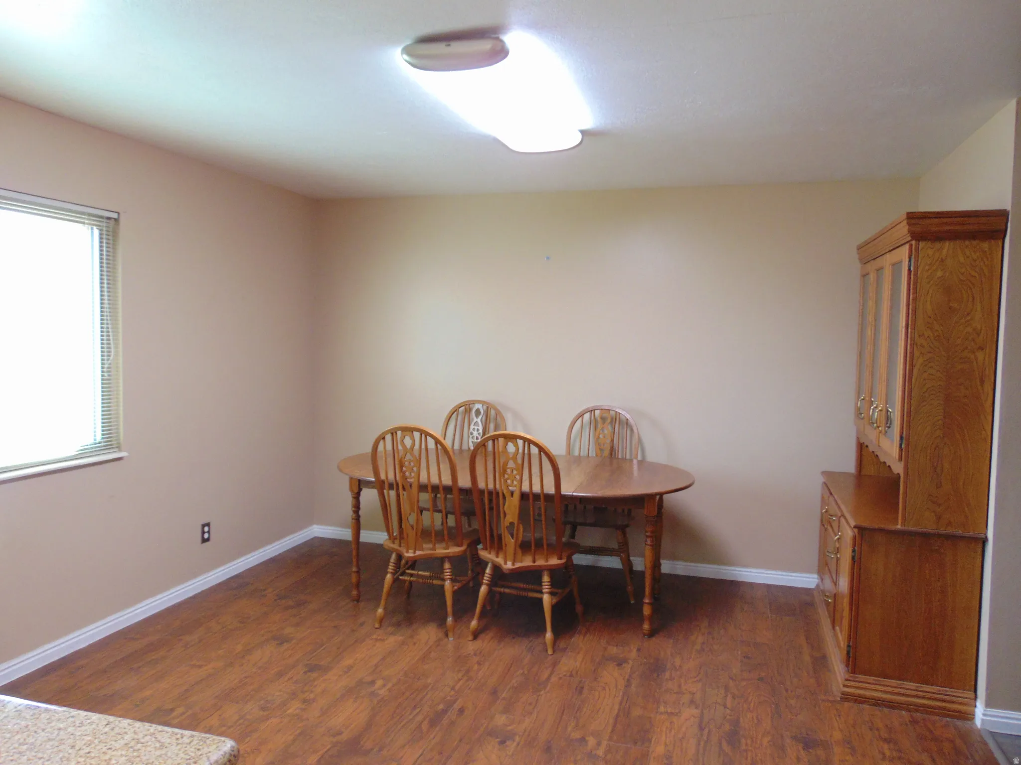 Dining room with dark wood-type flooring and baseboards