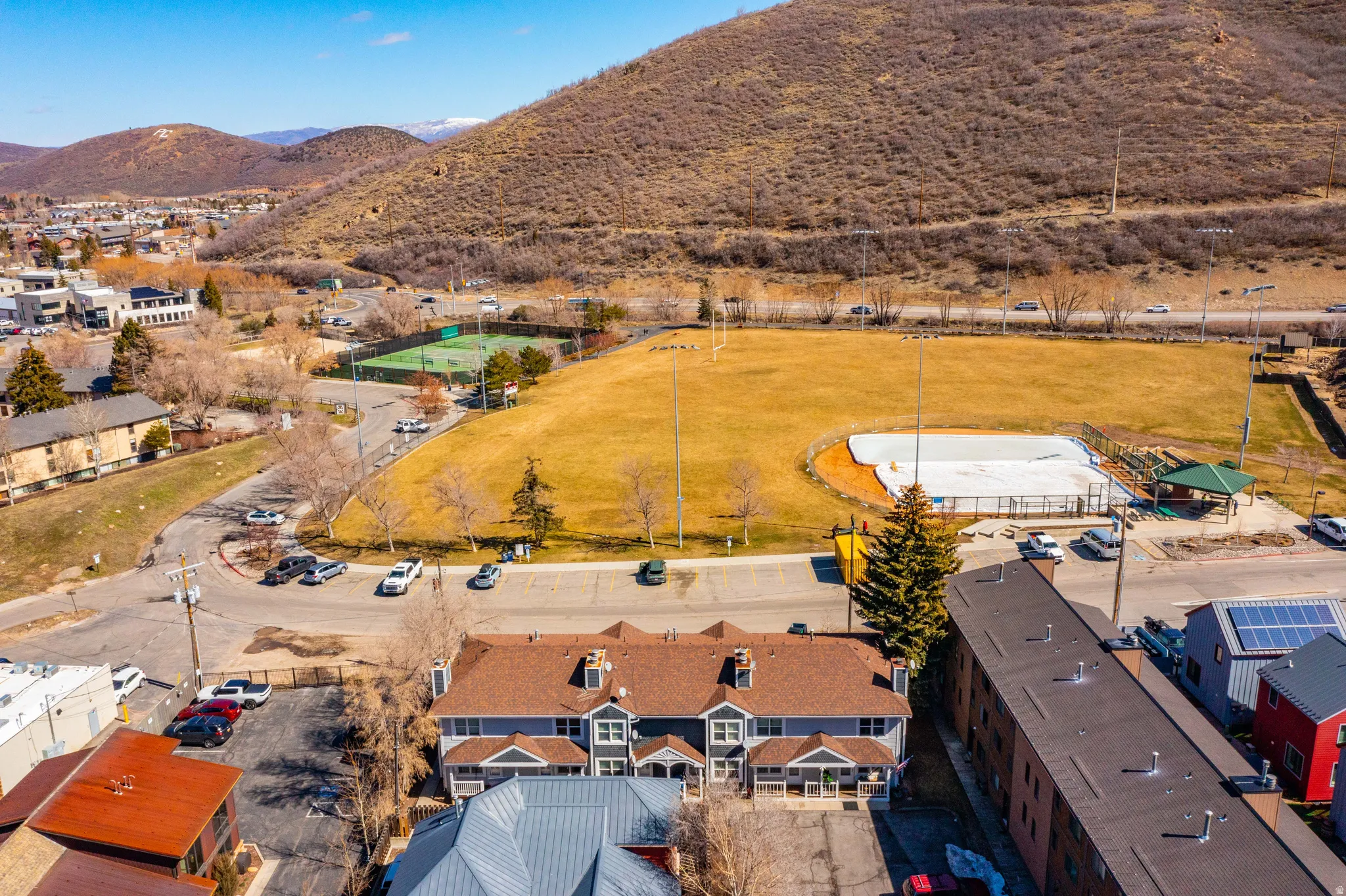 Aerial view of a mountain backdrop