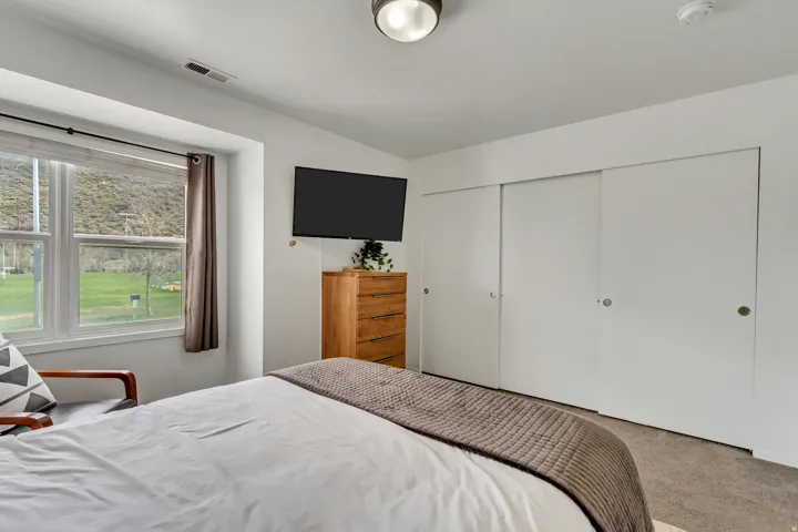 Carpeted bedroom featuring a closet