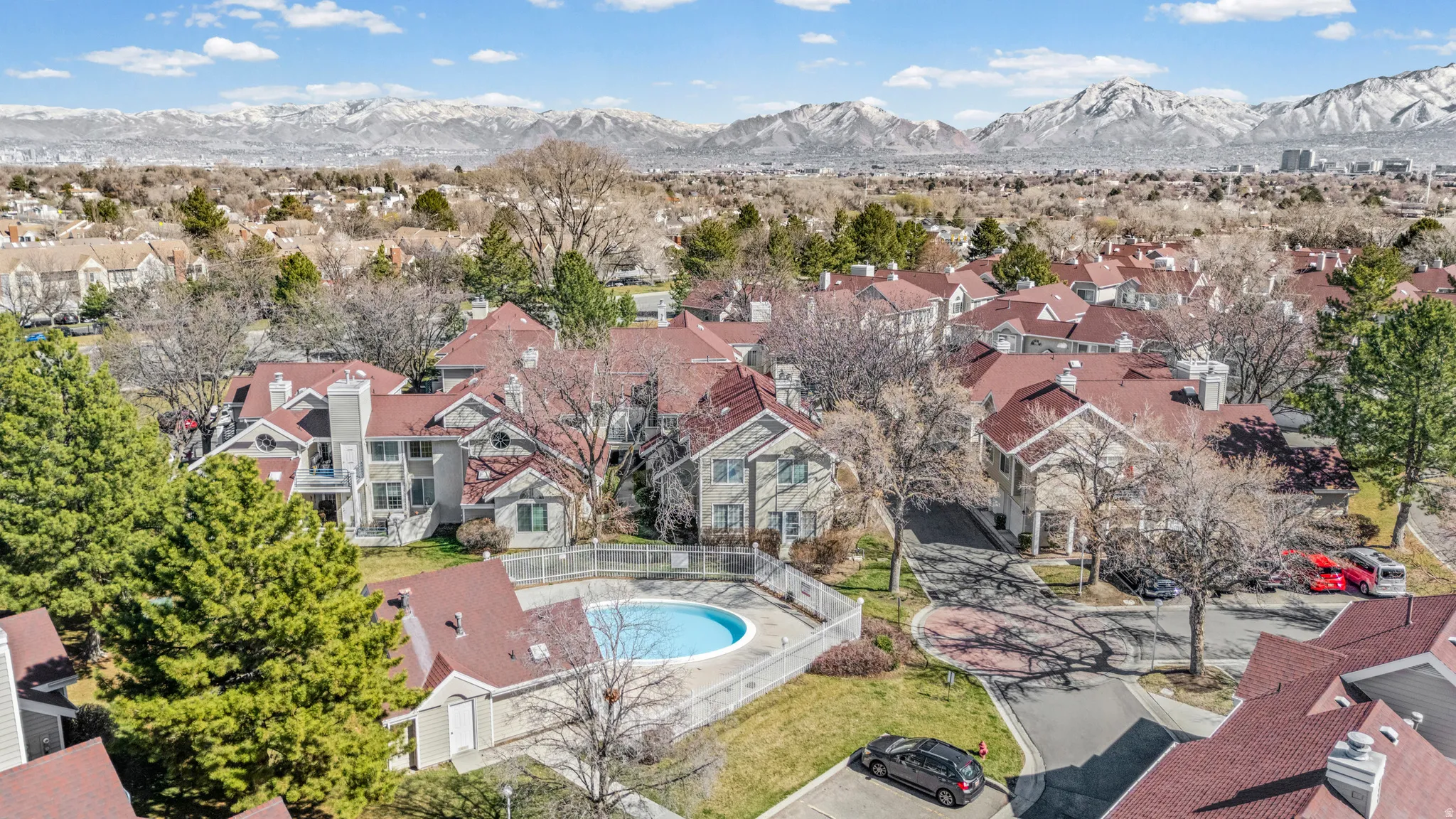 Aerial view of residential area with mountains
