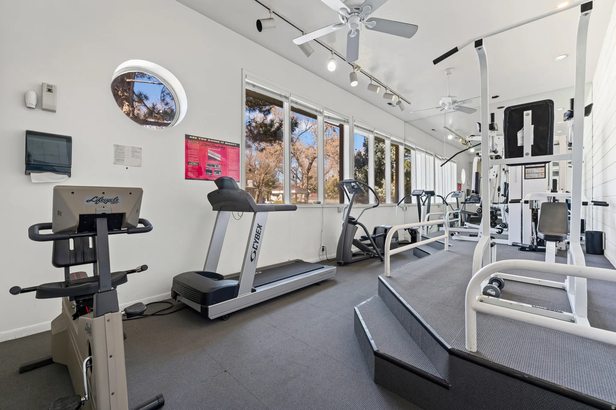 Exercise room featuring track lighting and a ceiling fan