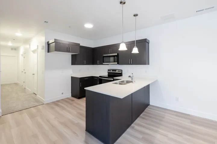Contemporary kitchen featuring dark wood-finish cabinetry, light countertops, stainless steel appliances, and dual pendant lighting