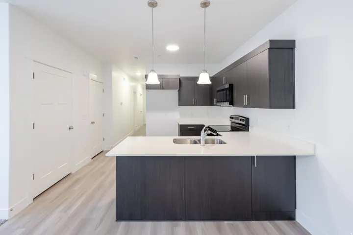 Modern kitchen featuring sleek dark cabinetry with integrated hardware, a white quartz countertop with waterfall edge, stainless steel appliances, pendant lighting, and wood-finish flooring throughout the open layout