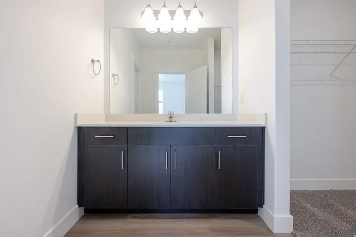 Vanity with dark wood-finish cabinetry, light-toned countertop, and undermount sink