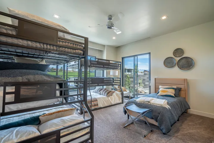 Bedroom featuring recessed lighting, carpet floors, and a ceiling fan