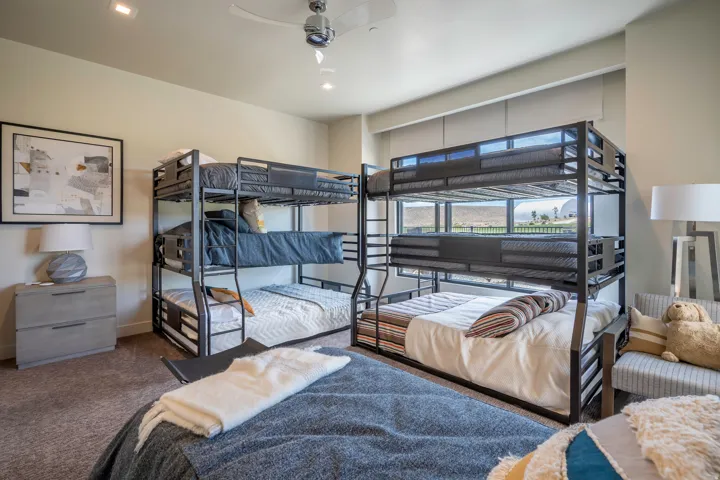 Bedroom featuring carpet flooring, ceiling fan, and recessed lighting