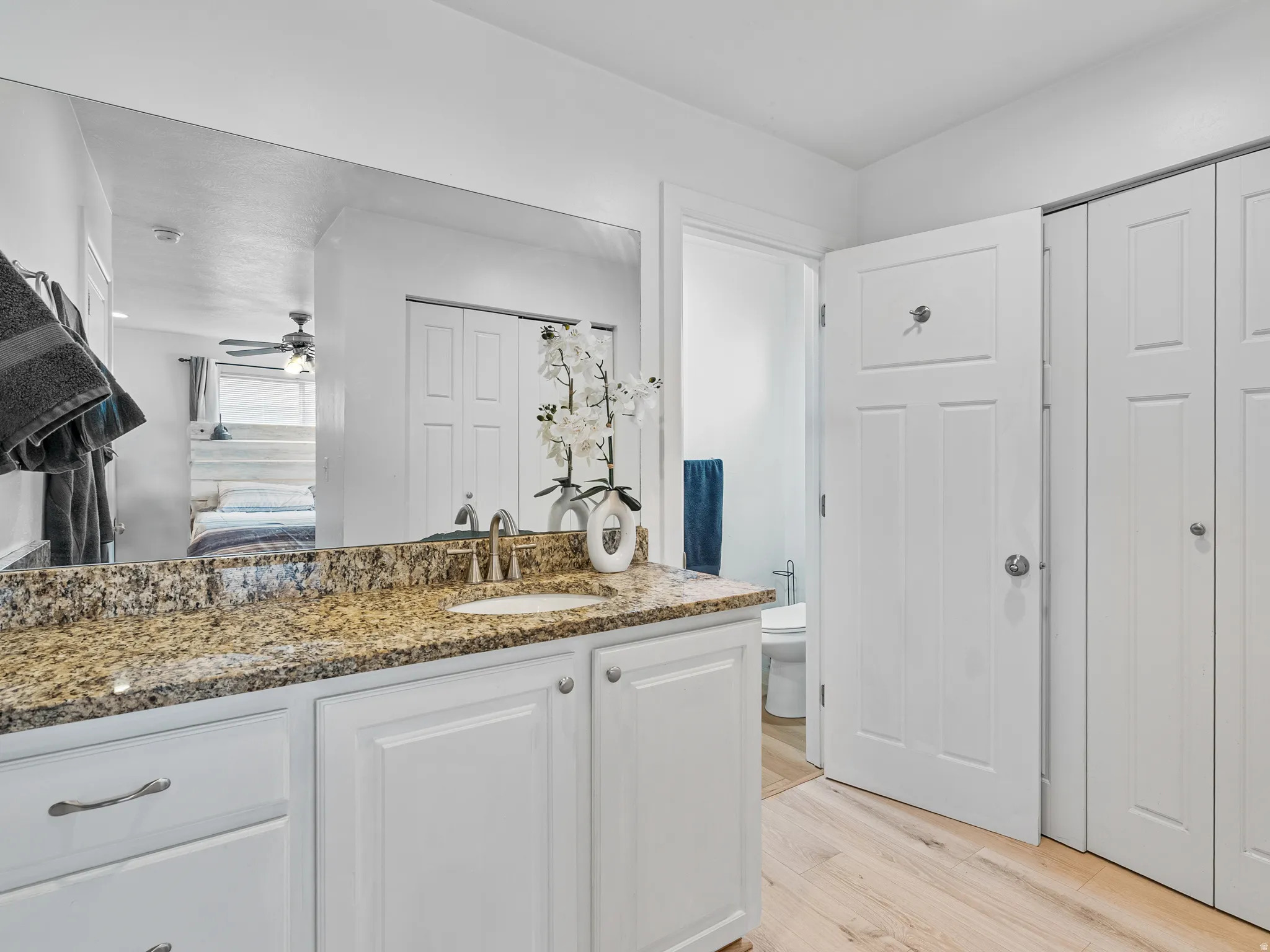 Ensuite bathroom with a closet, light wood finished floors, vanity, and ceiling fan
