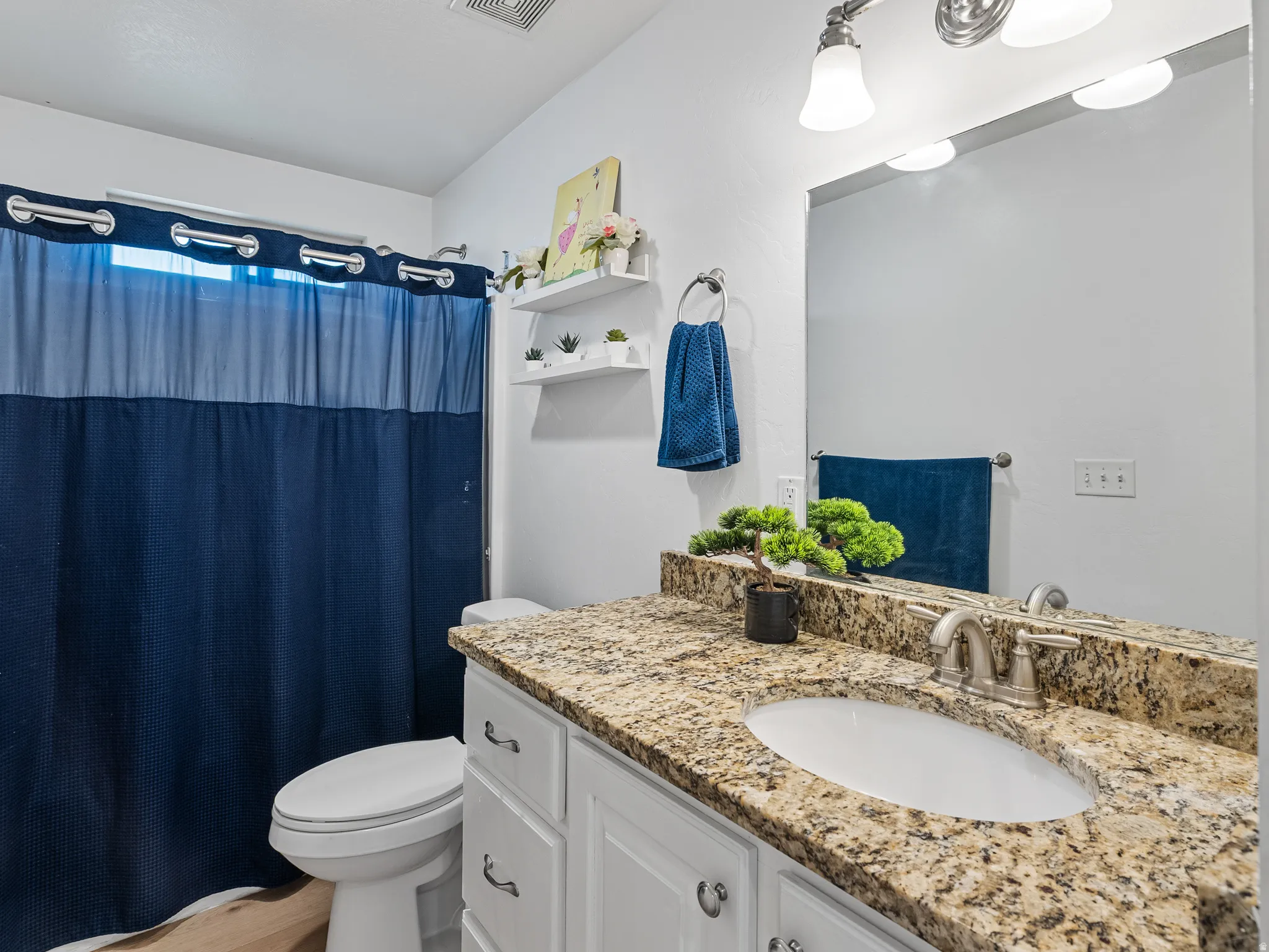 Full bathroom featuring vanity, curtained shower, and light wood-type flooring