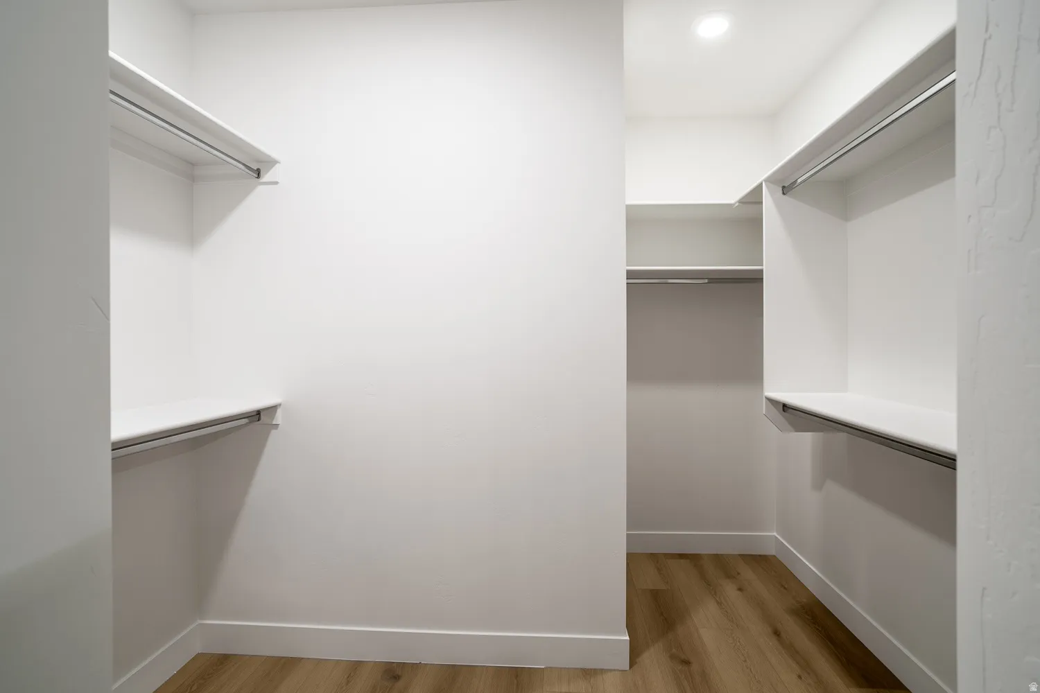 Walk in closet with light wood-type flooring