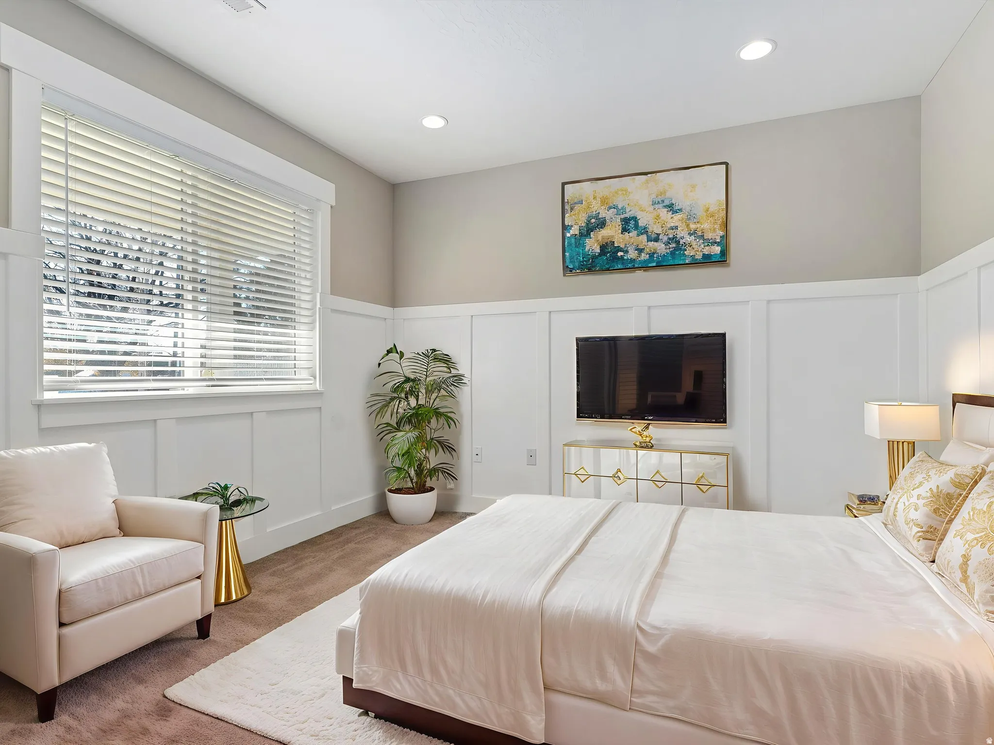 Bedroom featuring a decorative wall, a wainscoted wall, carpet flooring, and recessed lighting