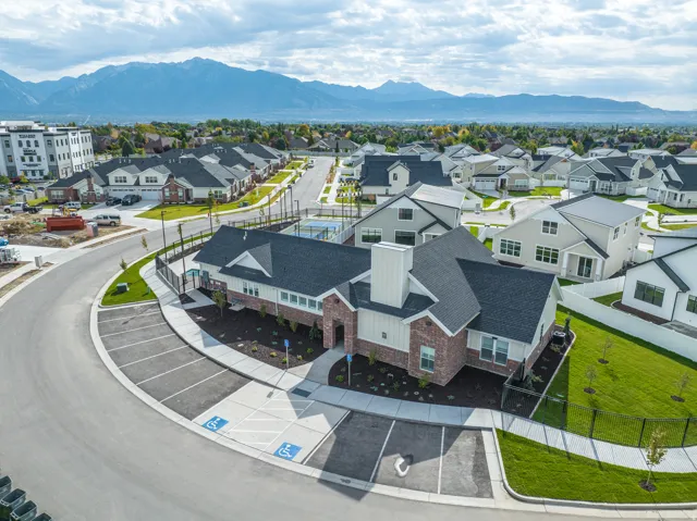 Aerial view of residential area with a mountain backdrop