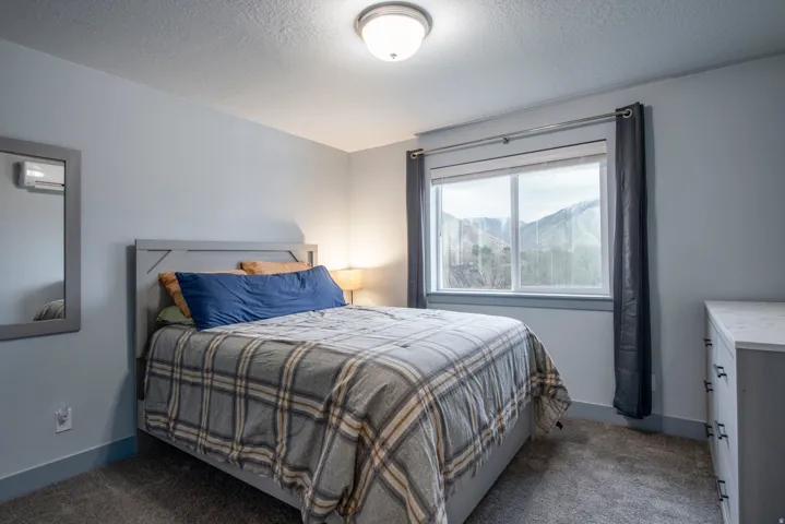 Recessed lighting, light gray wall color, carpeted flooring, window with natural scenery, and a ceiling-mounted light fixture