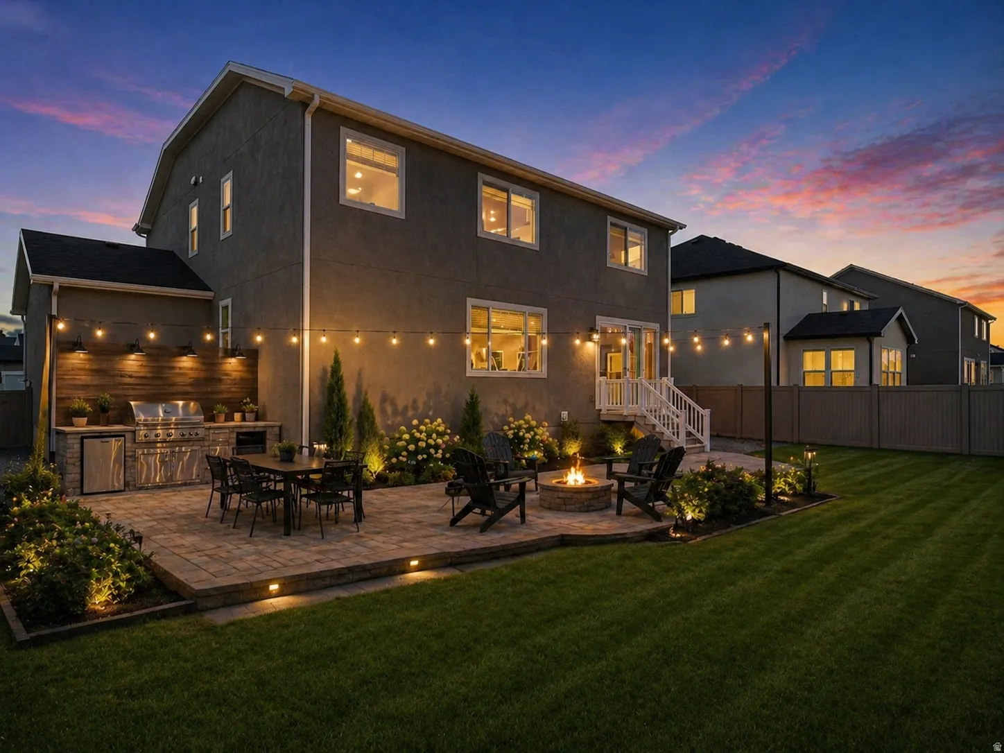 Rear view of property featuring a patio area, an outdoor kitchen / dining area, and an outdoor fire pit