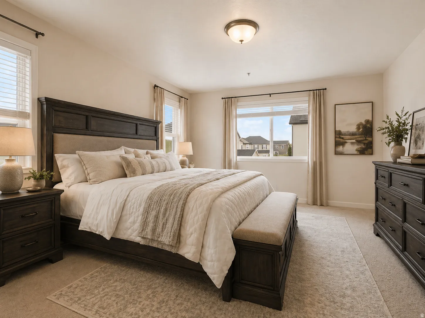 Bedroom featuring light carpet and baseboards