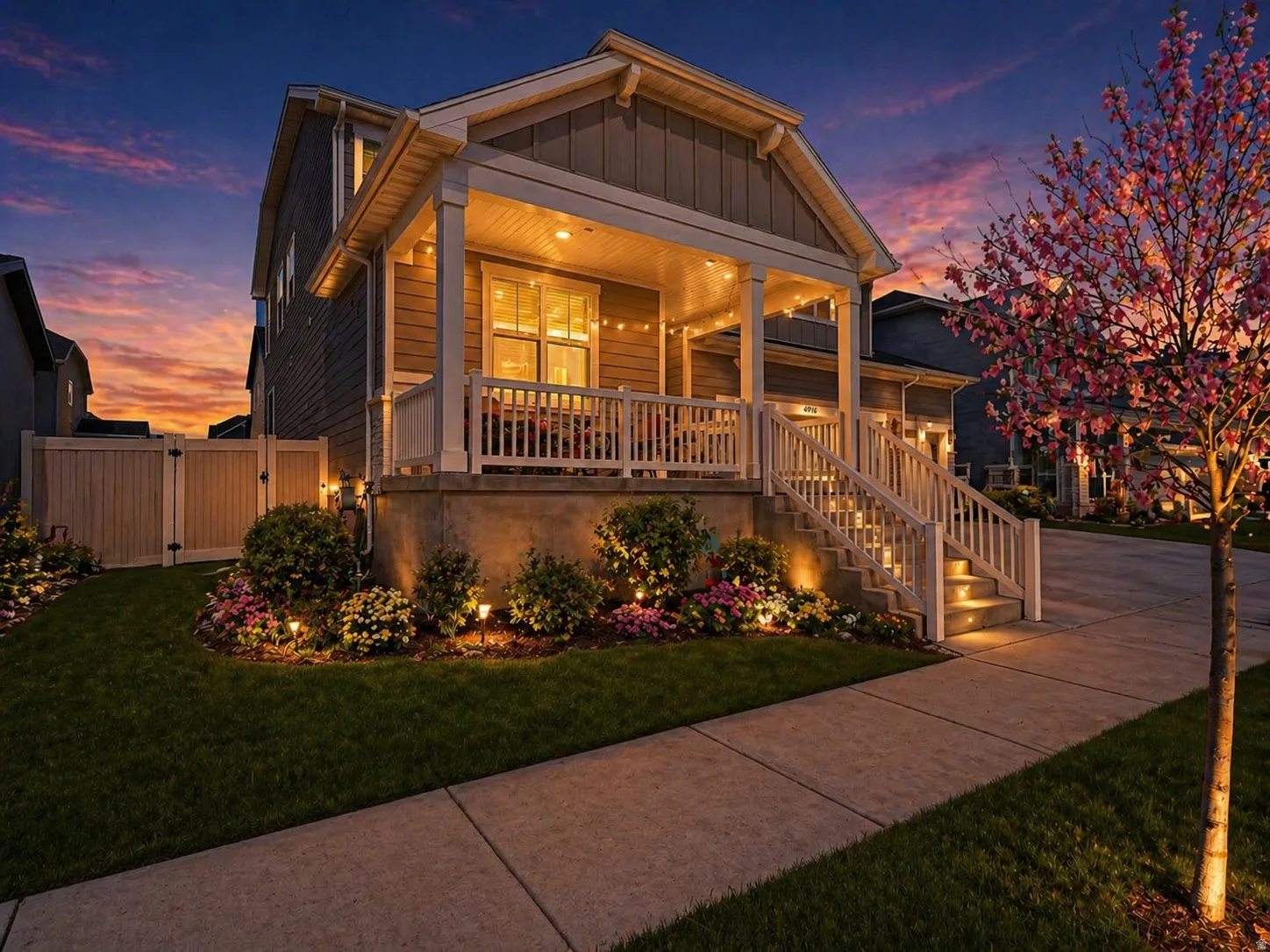 View of front of house with a porch, a gate, board and batten siding, and a front yard