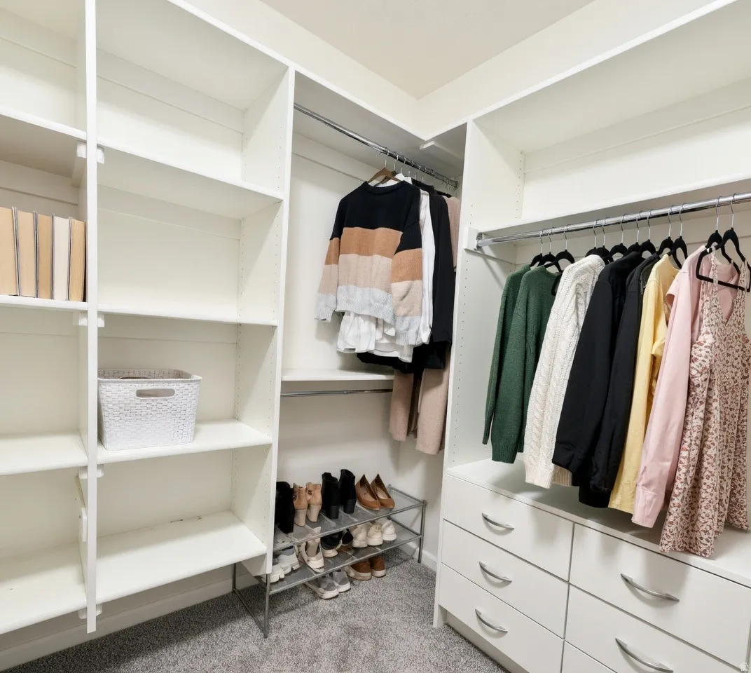Walk in closet featuring light carpet