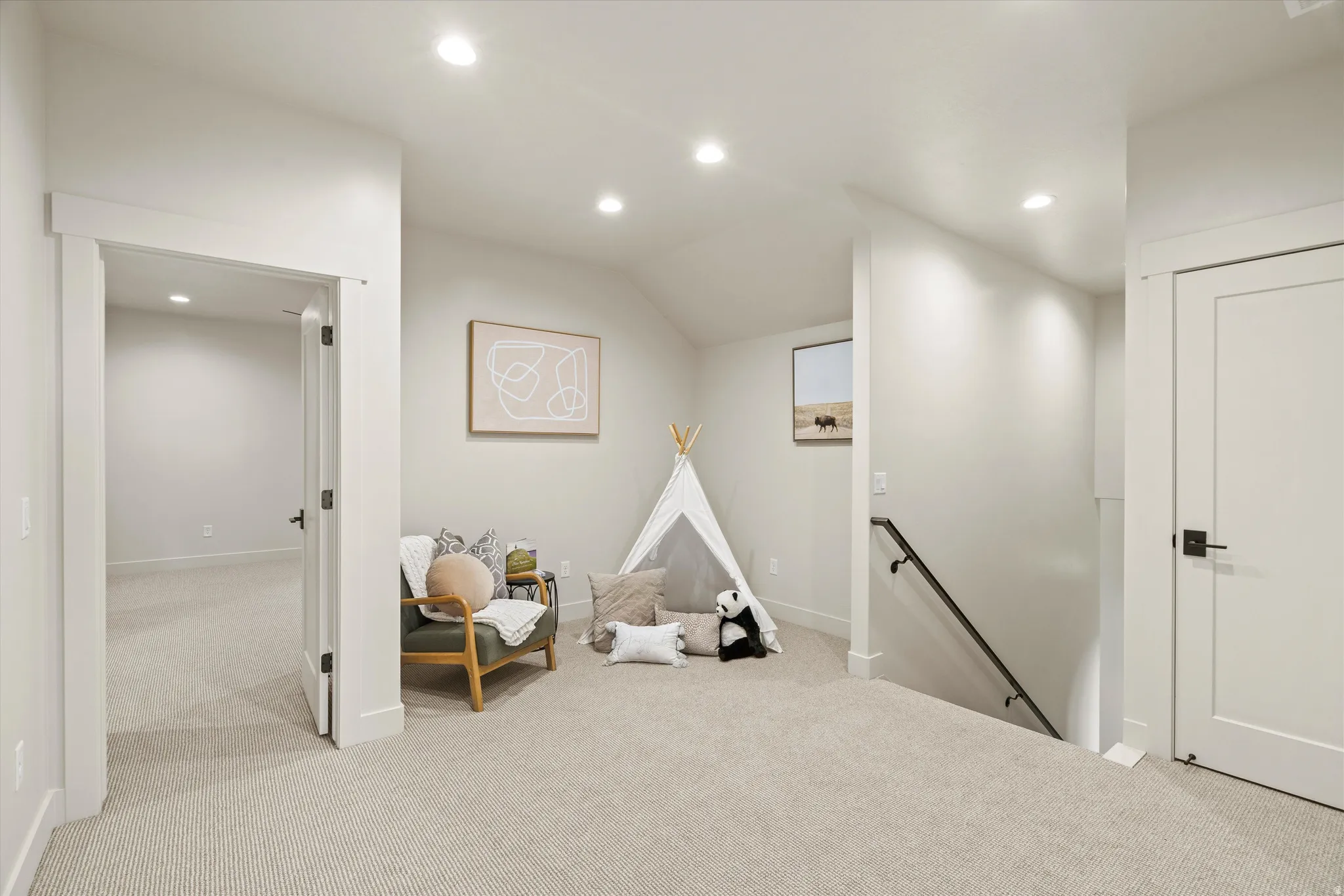 Playroom with recessed lighting and carpet