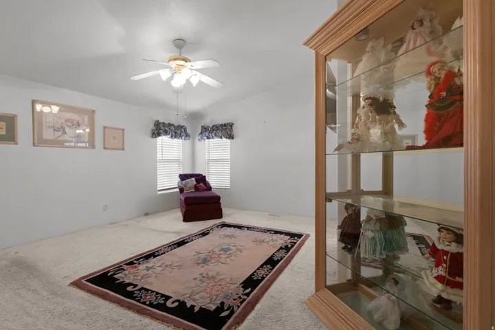 Sitting room featuring ceiling fan and carpet flooring