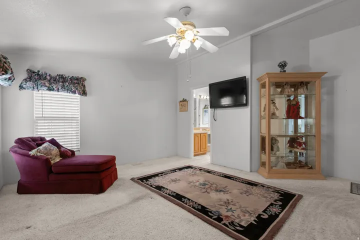 Sitting room featuring light carpet and a ceiling fan