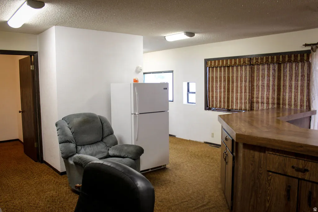 Kitchen with butcher block counters, a textured ceiling, freestanding refrigerator, dark carpet, and dark wood finish cabinets