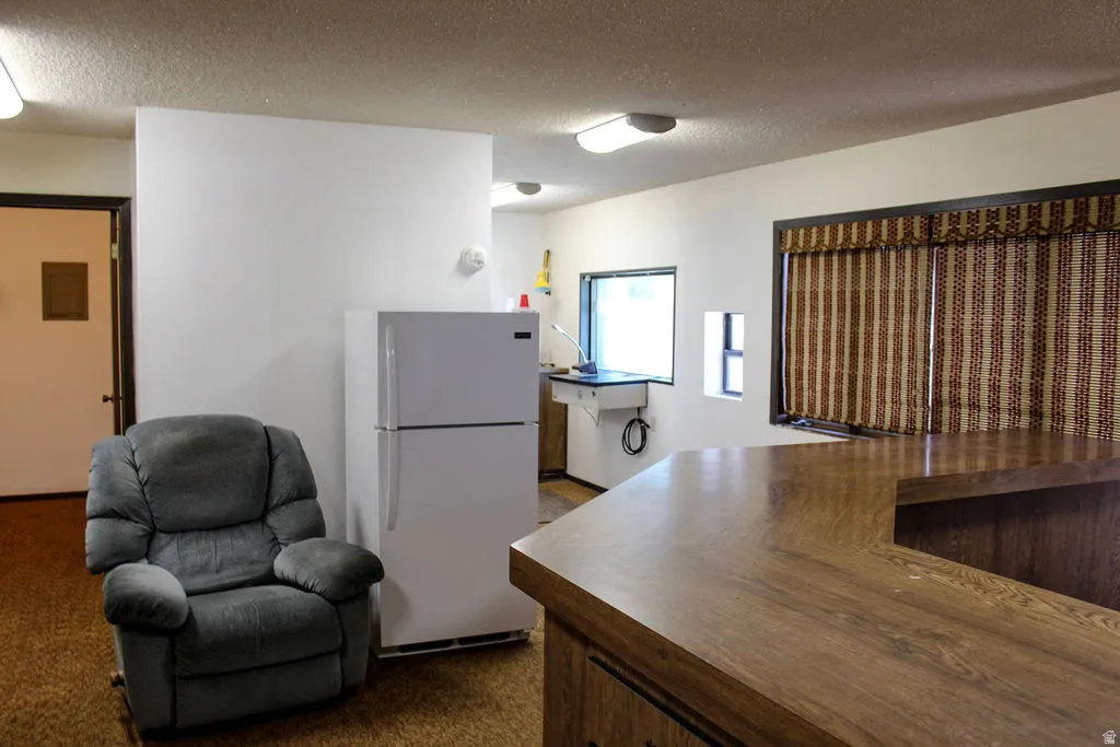 Home office featuring a textured ceiling and dark carpet
