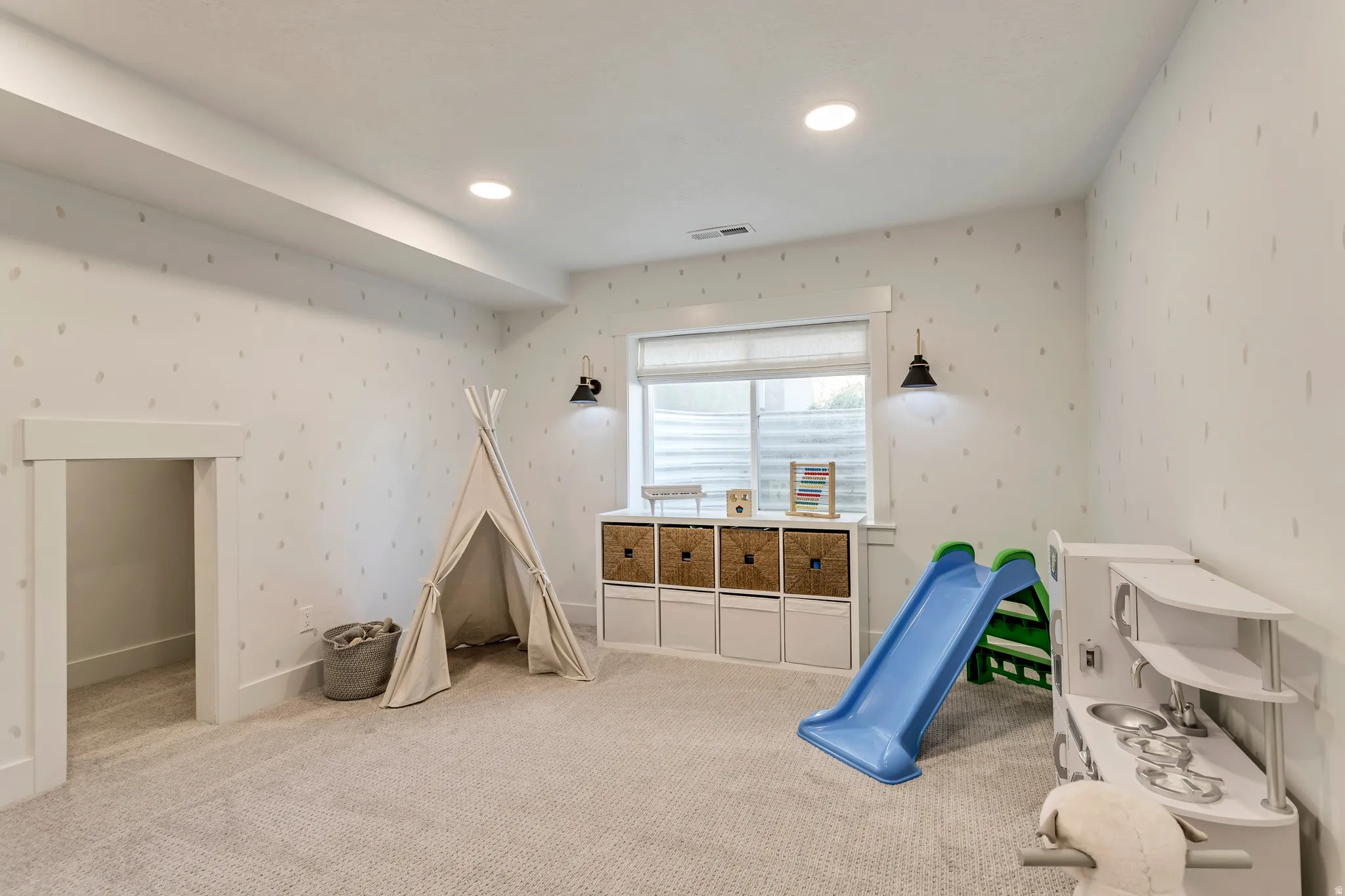 Bedroom with carpet, and recessed lighting