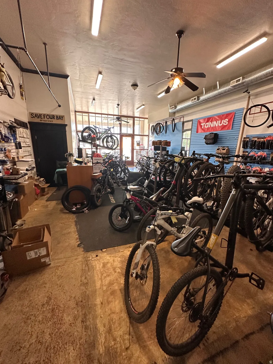 Garage featuring ceiling fan