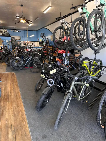 Garage featuring ceiling fan and bike storage
