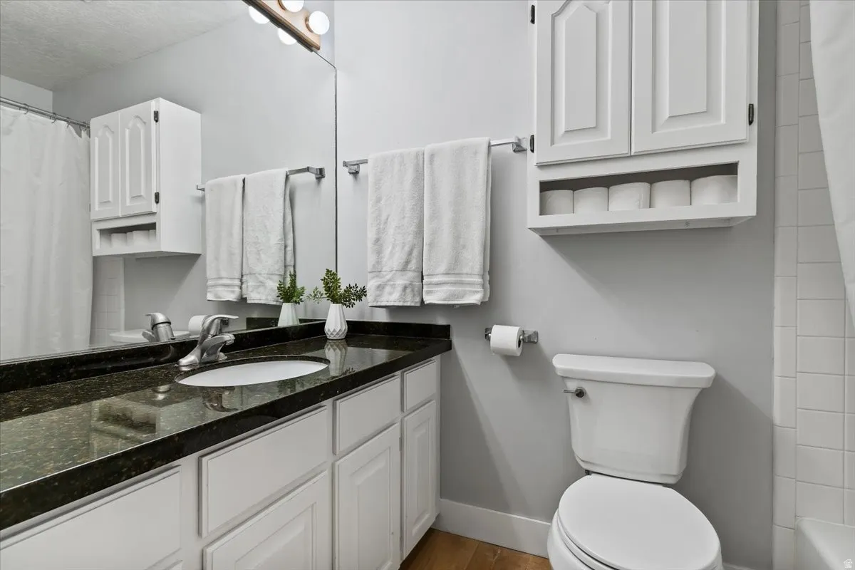 Bathroom featuring curtained shower, vanity, and wood finished floors