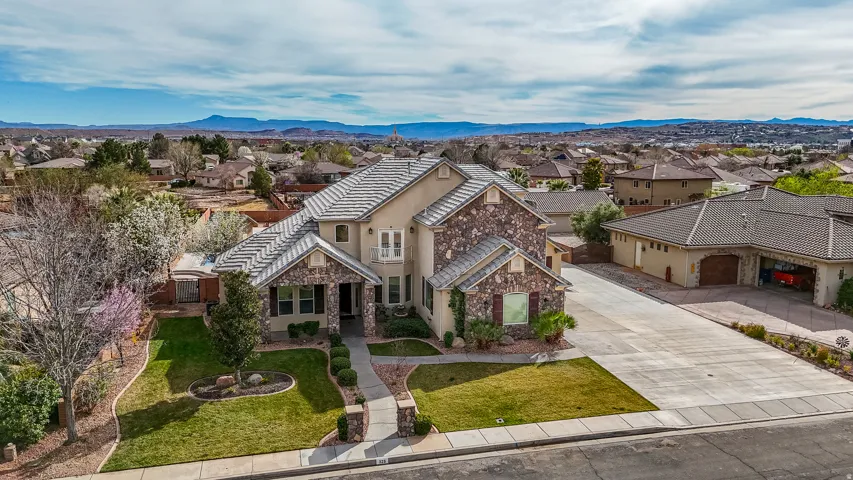Aerial perspective of suburban area featuring mountains