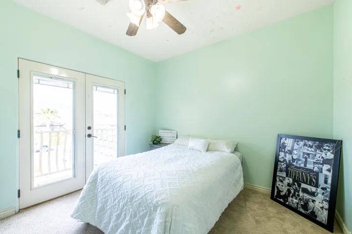 Bedroom with light colored carpet, access to exterior, and ceiling fan