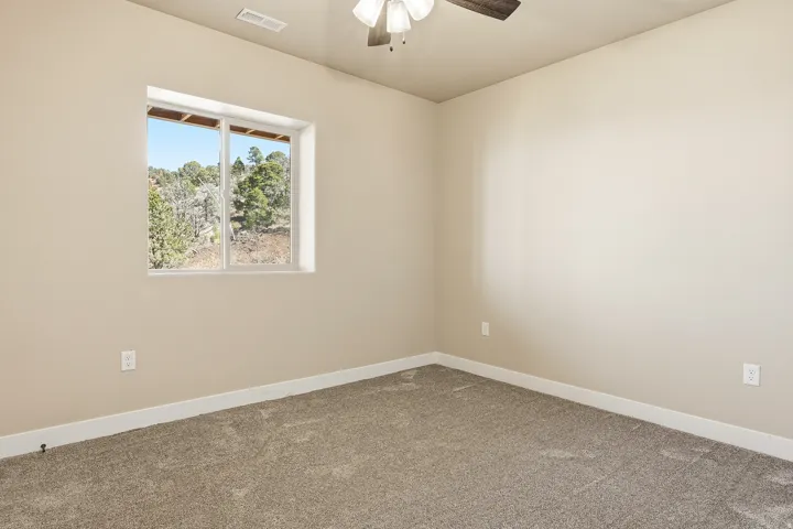 Carpeted spare room with baseboards and a ceiling fan