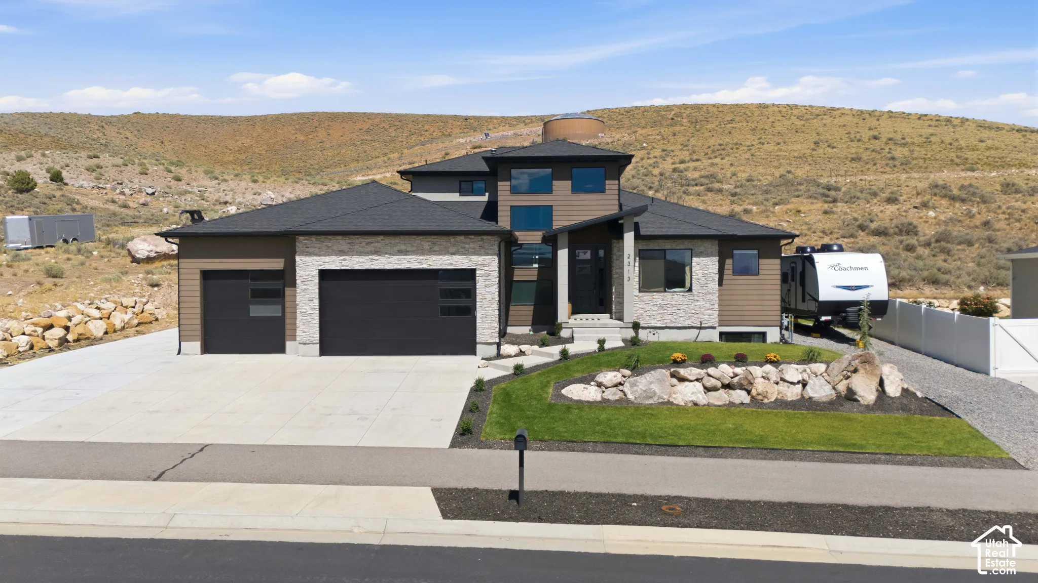 Extended vehicle and RV parking on both sides of the residence