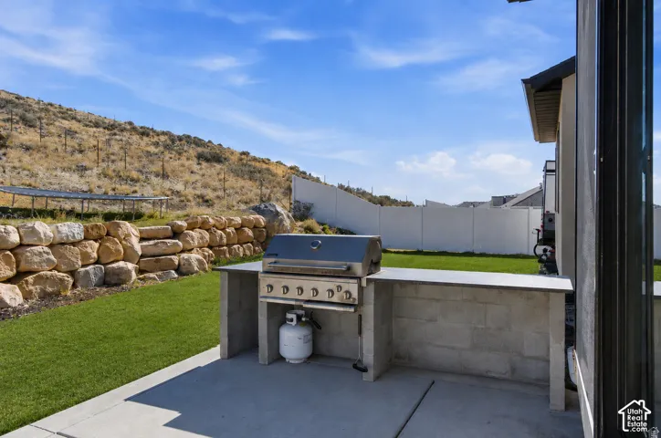 Outdoor grilling station with a built-in countertop, concrete patio, and manicured lawn