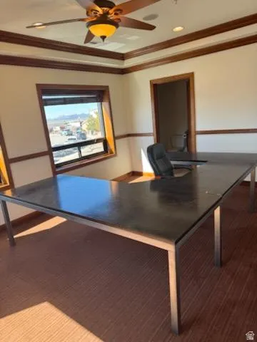 Office featuring ornamental molding, a ceiling fan, recessed lighting, and a raised ceiling