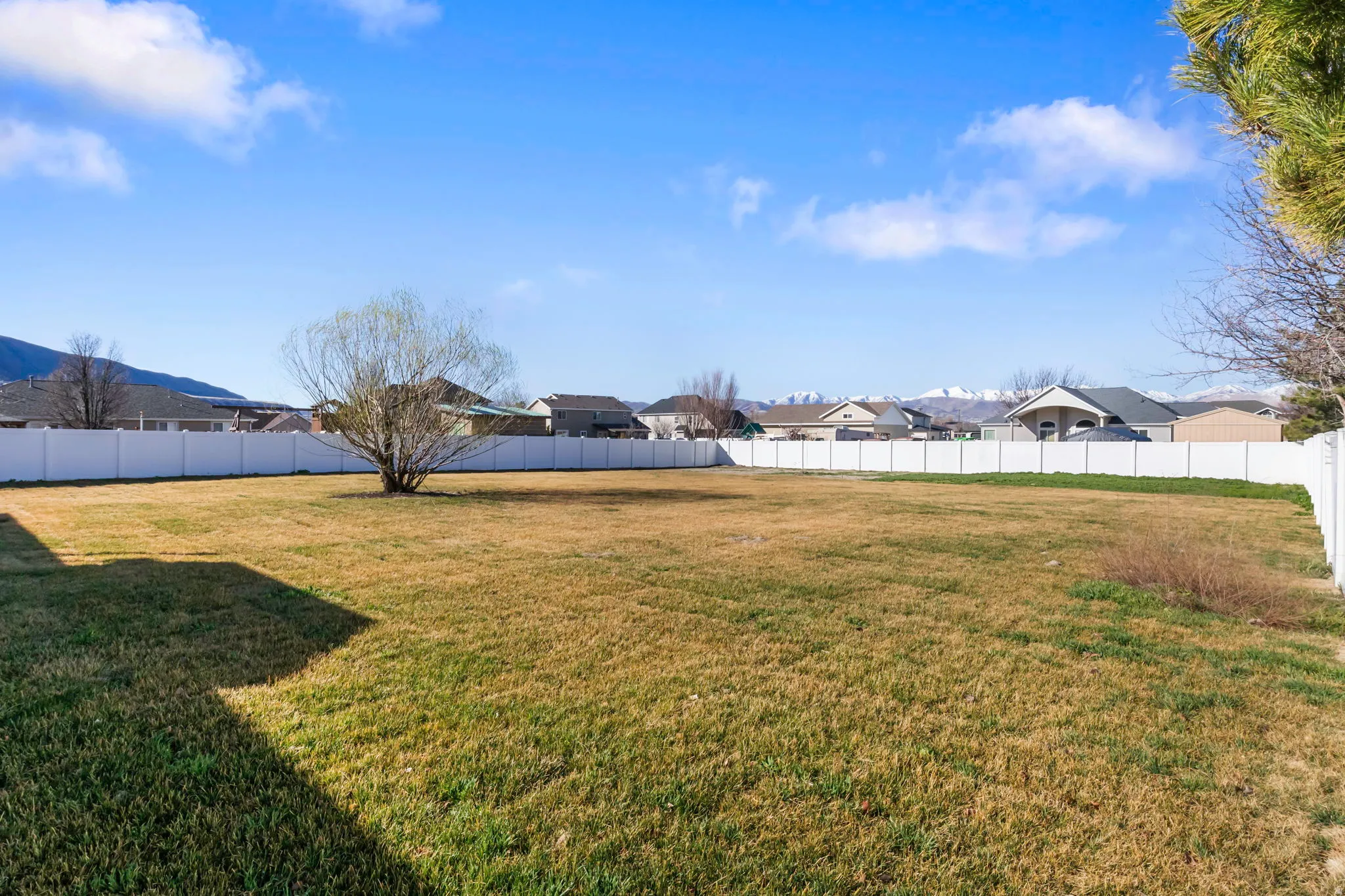 Fenced backyard featuring a residential view and a mountain view