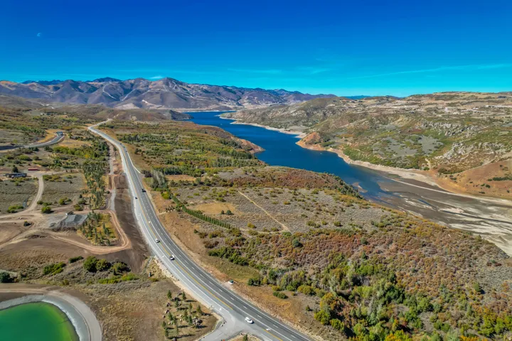 Aerial view of a water and mountain view