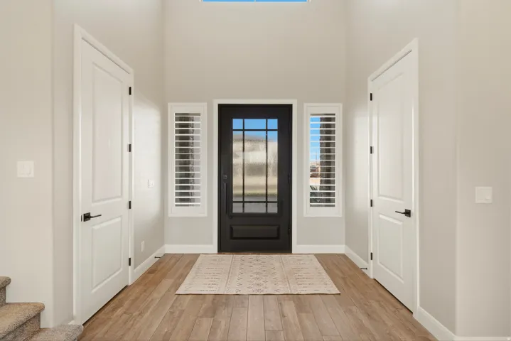 Foyer entrance with a high ceiling and light wood-type flooring