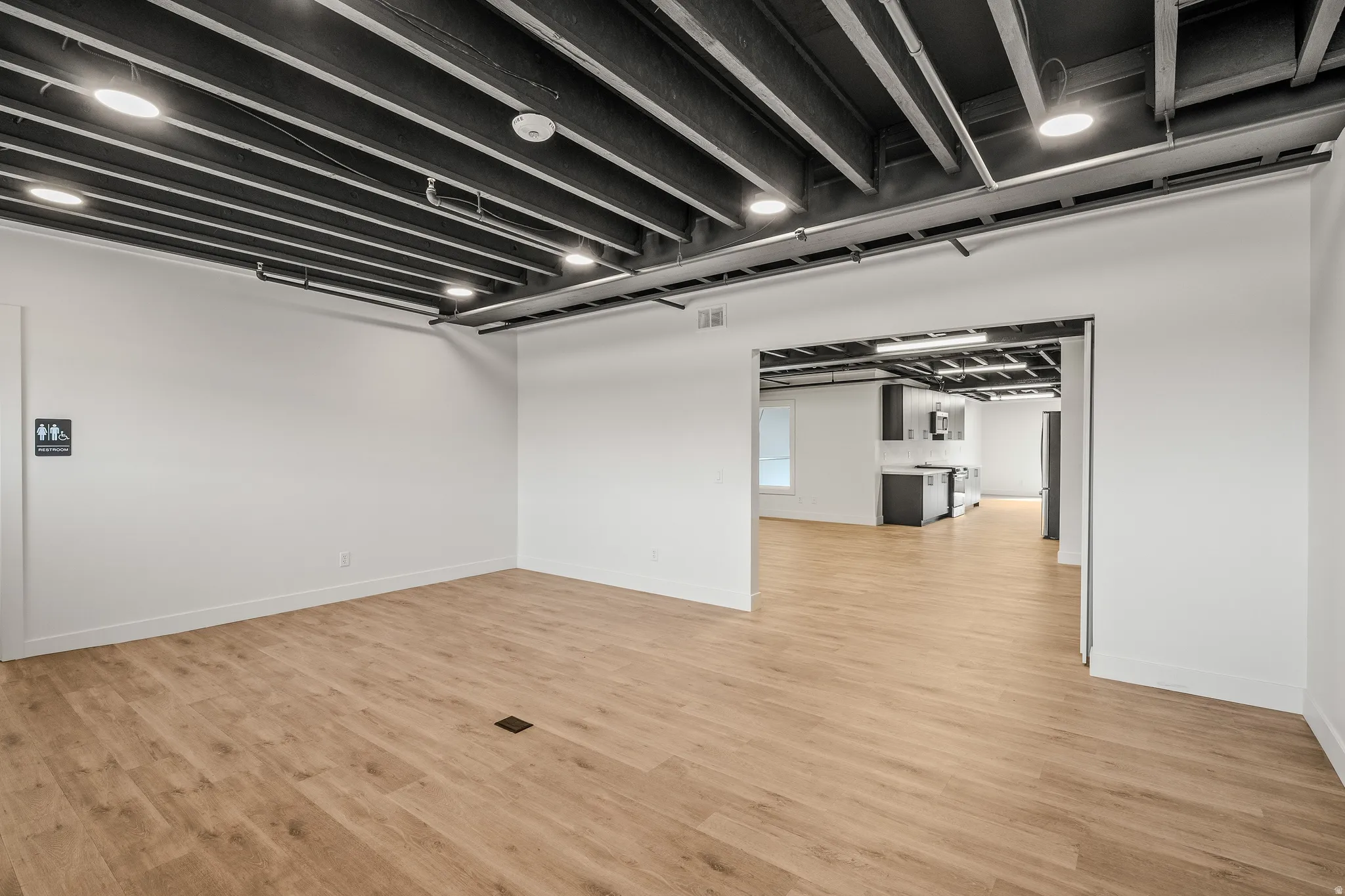 Finished basement featuring light wood-style floors