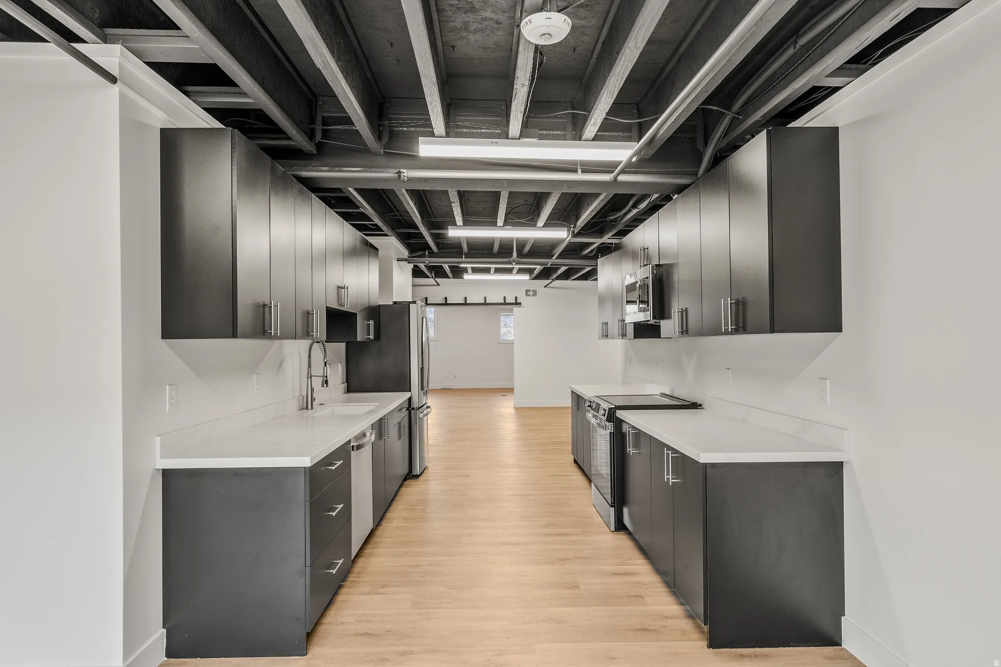 Kitchen with dark cabinets, stainless steel appliances, and light wood-type flooring