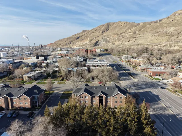 Drone / aerial view of a mountainous background